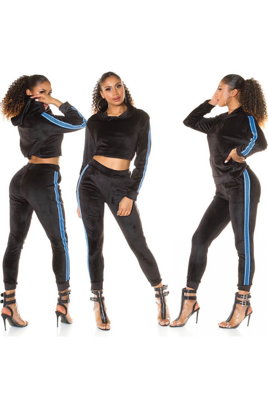 Trening dama casual, din catifea, negru cu dungi albastre Jade 3 - jojofashion.ro