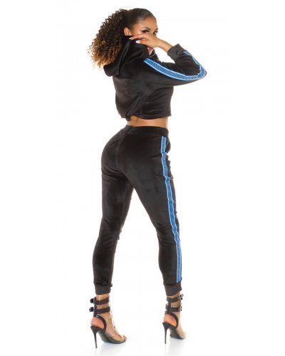 Trening dama casual, din catifea, negru cu dungi albastre Jade - jojofashion.ro