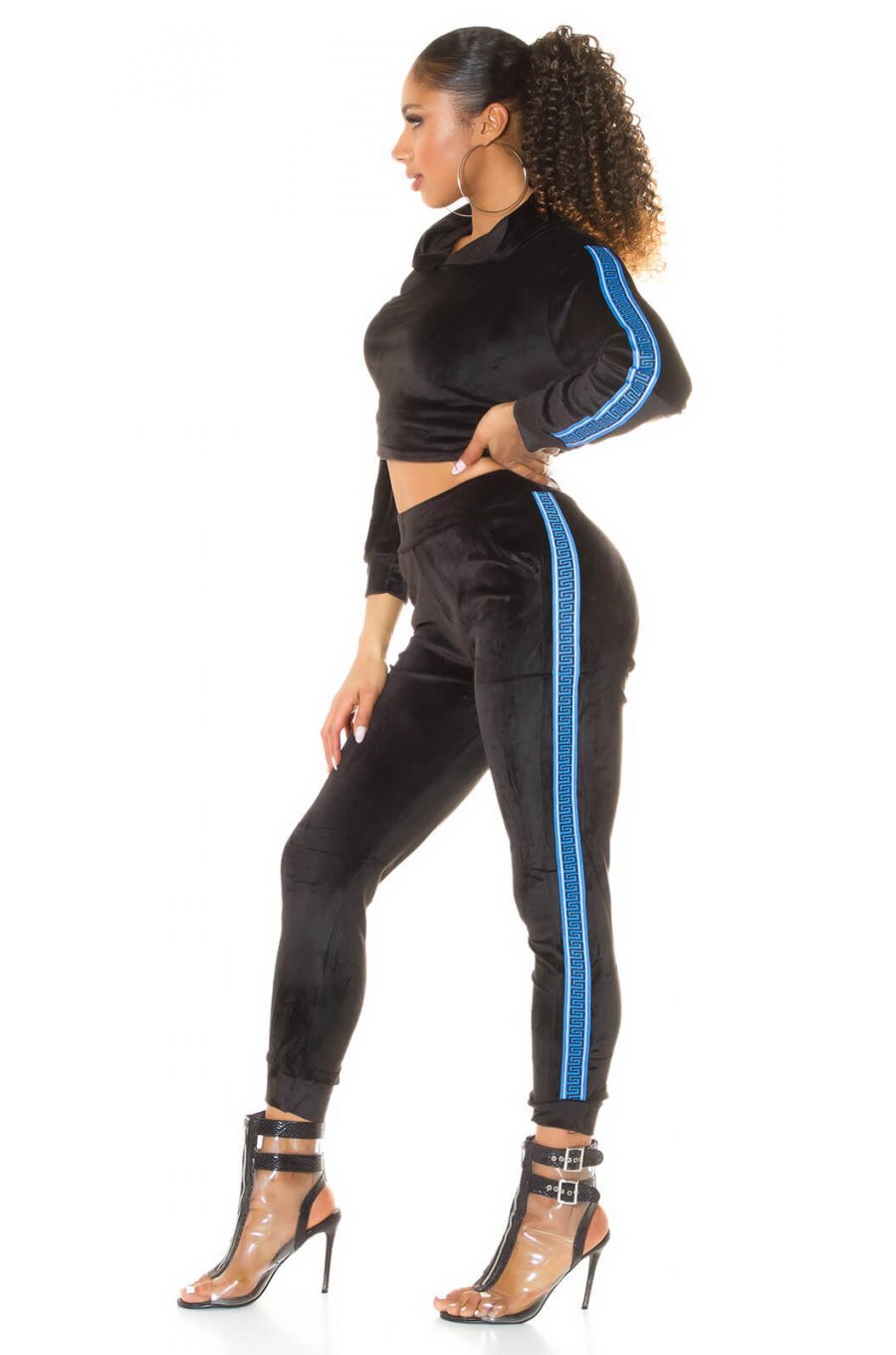 Trening dama casual, din catifea, negru cu dungi albastre Jade 4 - jojofashion.ro