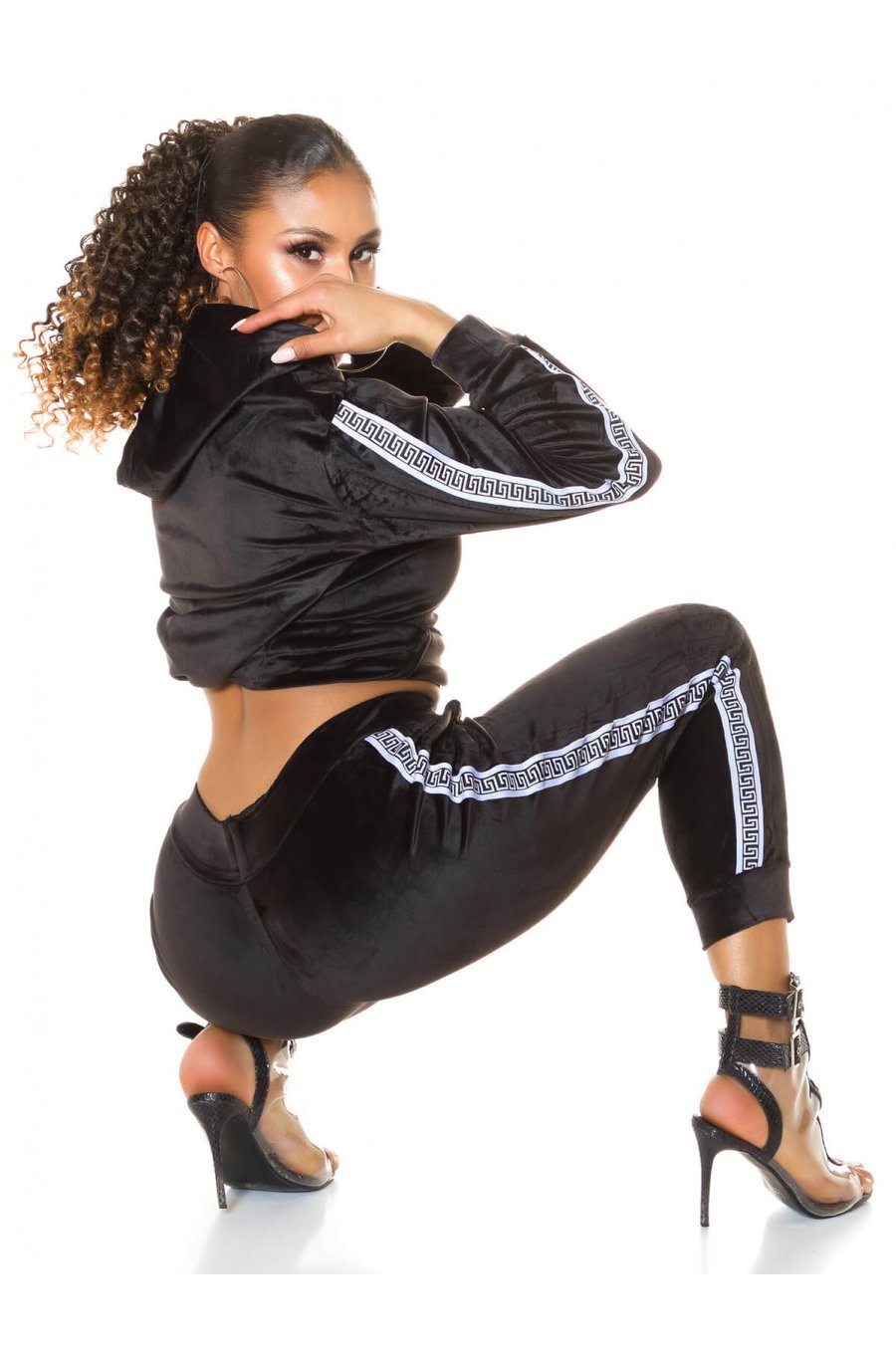Trening dama casual, din catifea, negru cu dungi albe Jade 5 - jojofashion.ro
