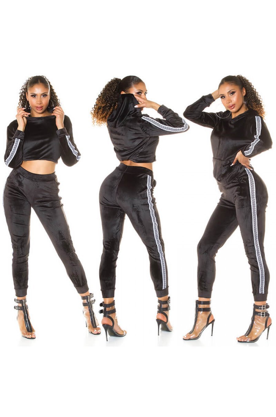 Trening dama casual, din catifea, negru cu dungi albe Jade 4 - jojofashion.ro