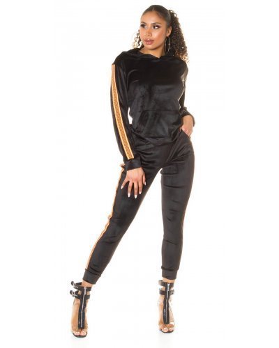 Trening dama casual, din catifea, negru, cu dungi orange Jade - jojofashion.ro