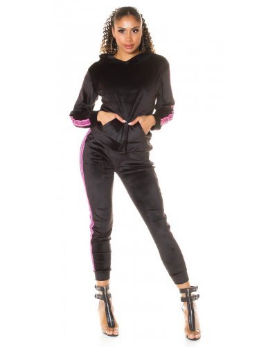Trening dama casual, din catifea, negru cu dungi roz neon Jade - jojofashion.ro