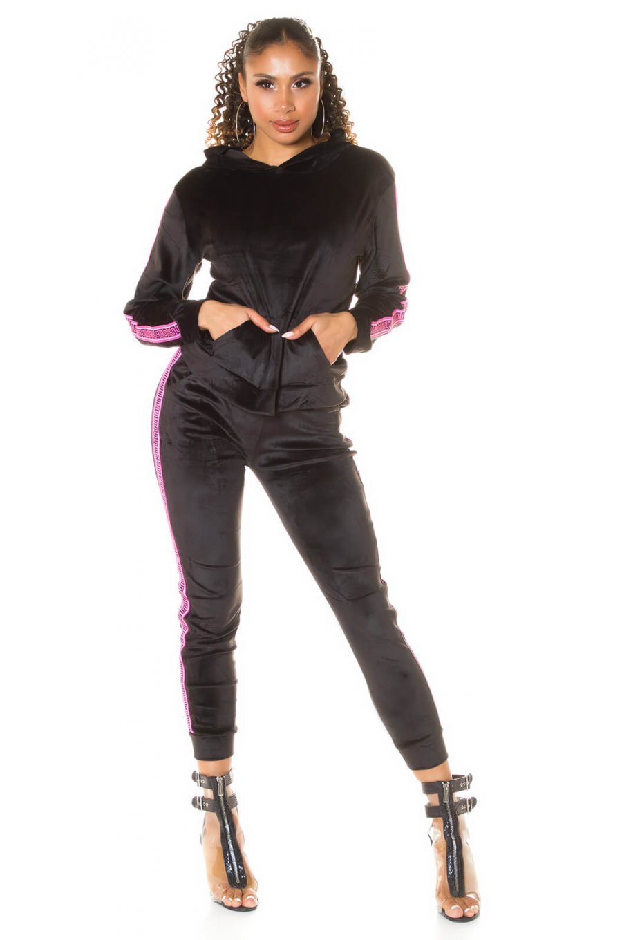 Trening dama casual, din catifea, negru cu dungi roz neon Jade 1 - jojofashion.ro