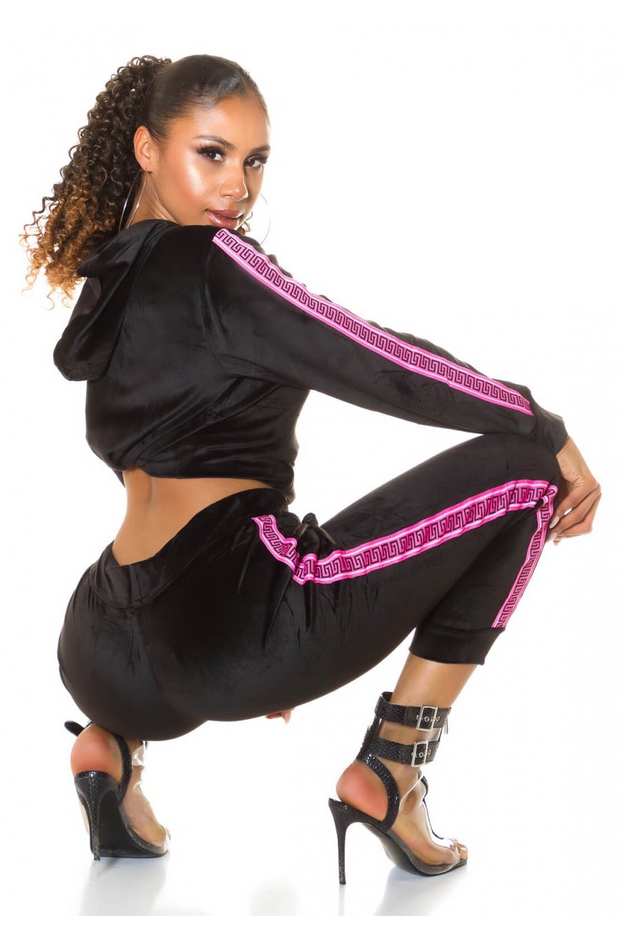 Trening dama casual, din catifea, negru cu dungi roz neon Jade 5 - jojofashion.ro