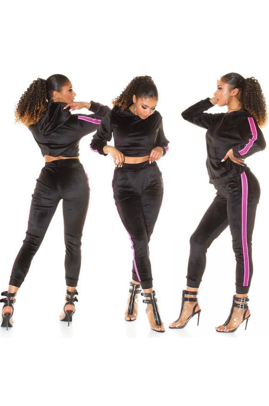 Trening dama casual, din catifea, negru cu dungi roz neon Jade 4 - jojofashion.ro