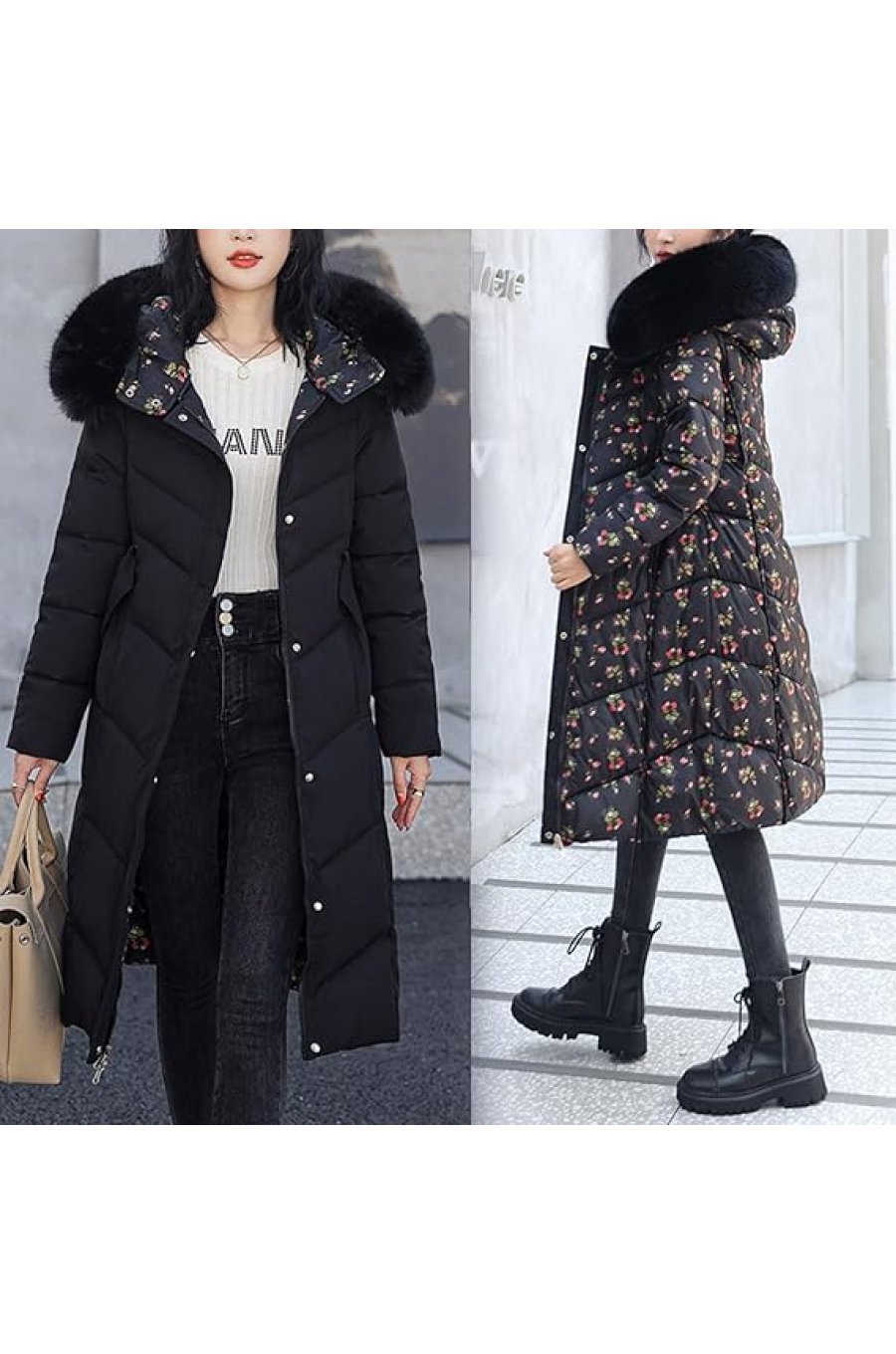 Geaca dama de iarna cu doua fete, neagra, parka, cu gluga si blanita, Fargo 3 - jojofashion.ro