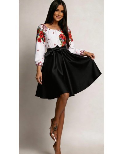 Rochii traditionale, Rochie midi traditionala din tafta neagra cu maci Azra - jojofashion.ro