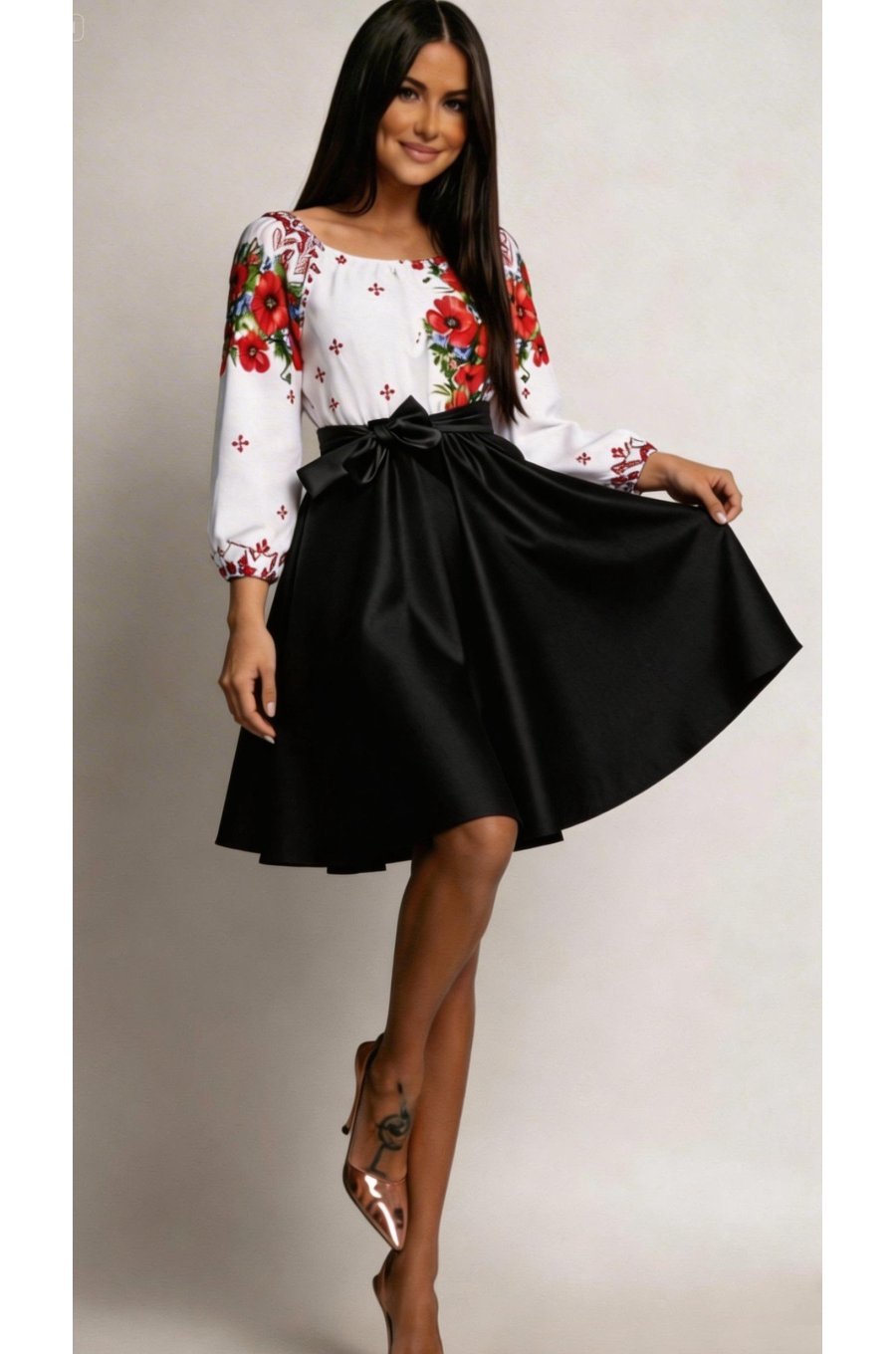 Rochie midi traditionala din tafta neagra cu maci Azra 1 - jojofashion.ro