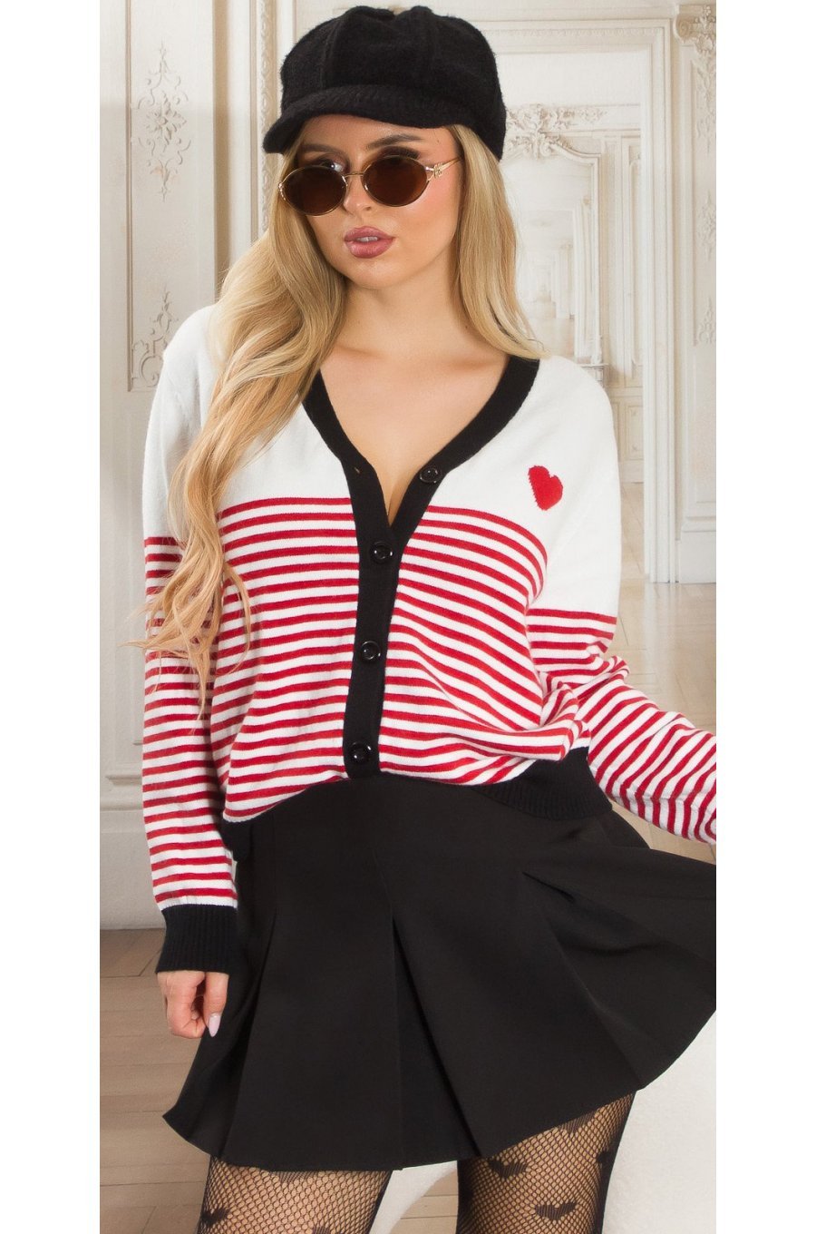 Pulover cardigan alb cu dungi rosii Ailbhe Pulover cardigan alb cu dungi rosii Ailbhe 1 - jojofashion.ro