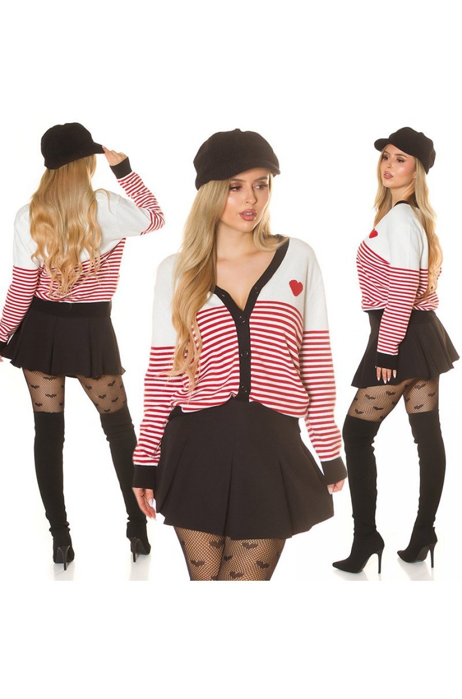 Pulover cardigan alb cu dungi rosii Ailbhe Pulover cardigan alb cu dungi rosii Ailbhe 3 - jojofashion.ro