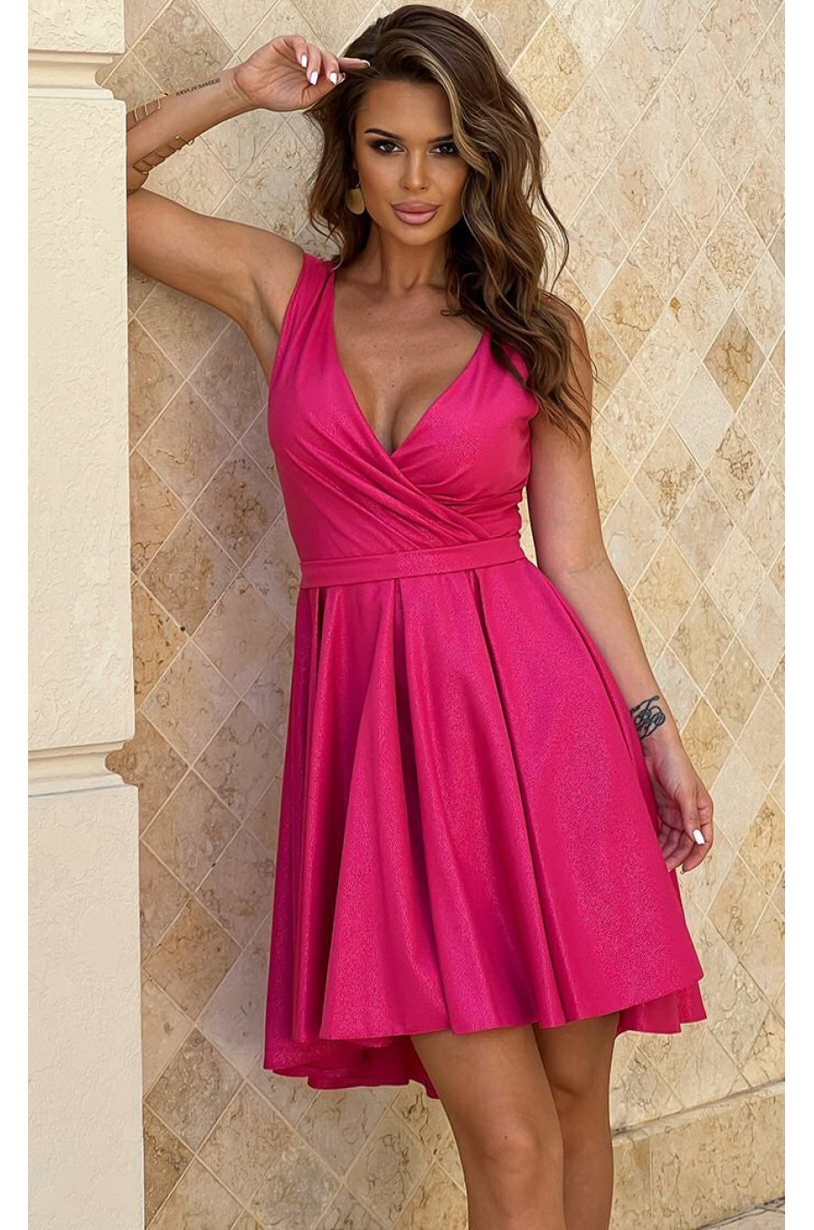 Rochie babydoll scurta roz fucsia din brocard Andressa 1 - jojofashion.ro