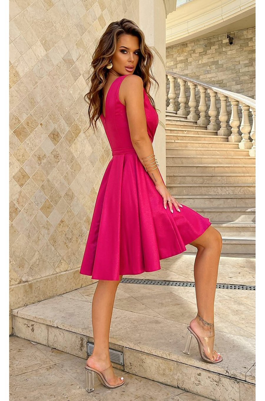 Rochie babydoll scurta roz fucsia din brocard Andressa 3 - jojofashion.ro