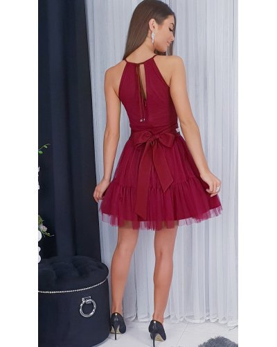 Rochie baby doll scurta, din tulle, burgundy, cu umerii goi, vaporoasa, CristalW Rochii de Ocazie Elegante, Rochie baby doll scurta, din tulle, burgundy, cu umerii goi, vaporoasa, CristalW - jojofashion.ro