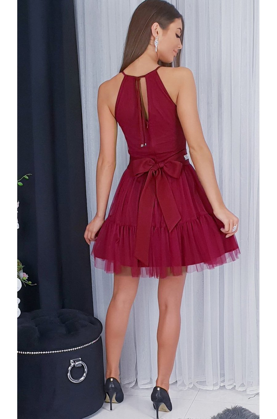 Rochie baby doll scurta, din tulle, burgundy, cu umerii goi, vaporoasa, CristalW 2 - jojofashion.ro