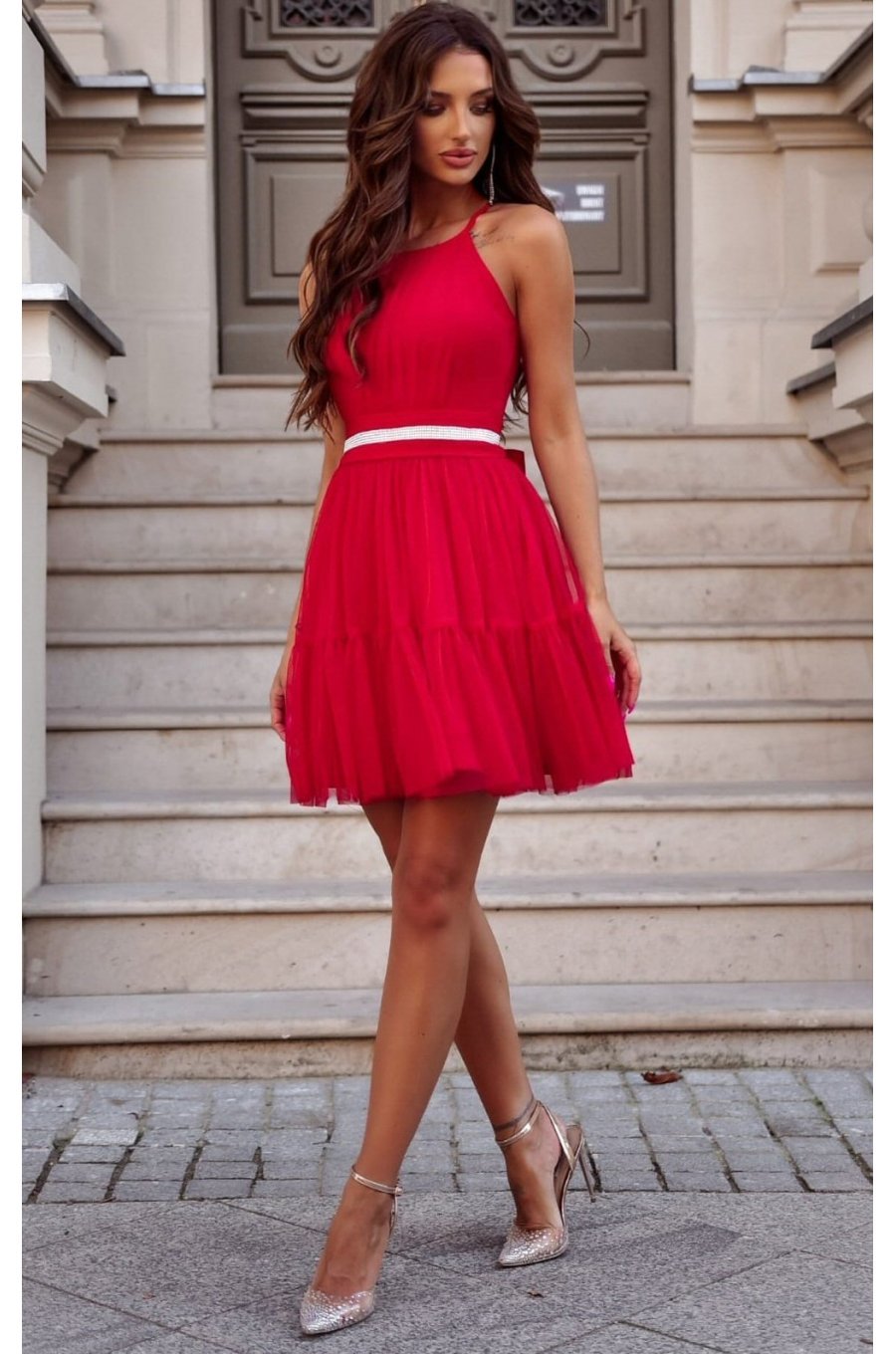 Rochie baby doll scurta, din chiffon, rosie, cu umerii goi, vaporoasa, CristalW 1 - jojofashion.ro