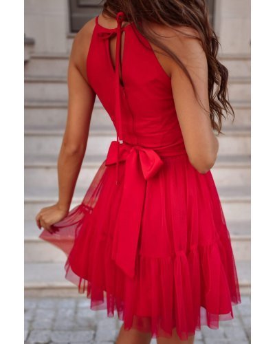 Rochie baby doll scurta, din chiffon, rosie, cu umerii goi, vaporoasa, CristalW Rochii scurte, Rochie baby doll scurta, din chiffon, rosie, cu umerii goi, vaporoasa, CristalW - jojofashion.ro