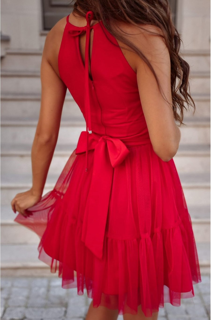 Rochie baby doll scurta, din chiffon, rosie, cu umerii goi, vaporoasa, CristalW 2 - jojofashion.ro