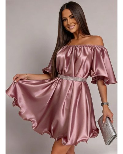 Rochii fabricate in Romania, Rochie baby doll scurta din satin roz pal Jimena - jojofashion.ro