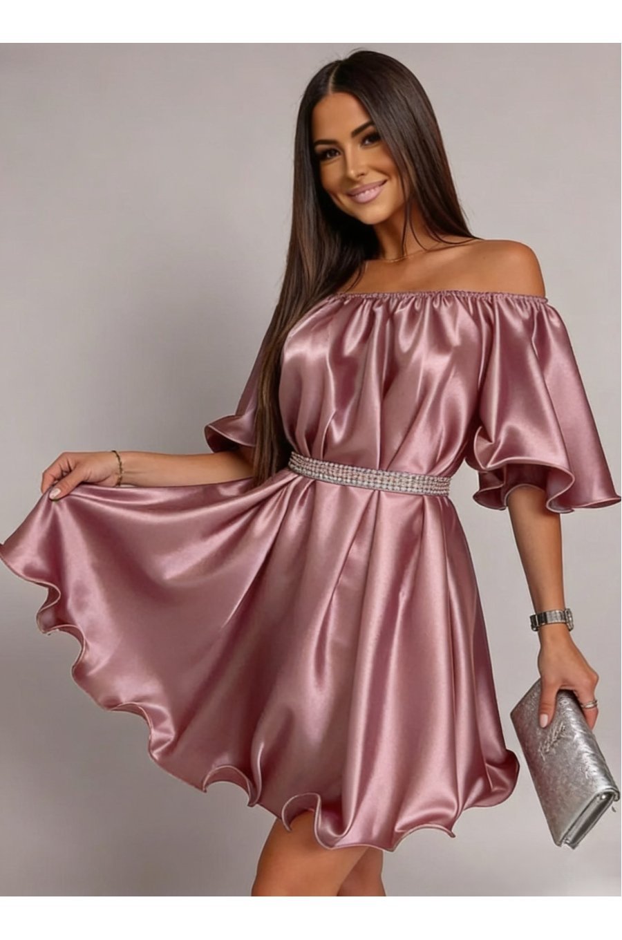 Rochie baby doll scurta din satin roz pal Jimena 1 - jojofashion.ro