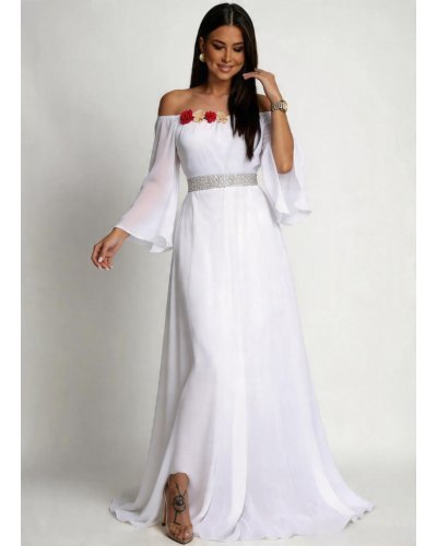 Rochie cununie civila lunga, din voal,alba, cu maneca lunga si umerii goi, FairyTale - jojofashion.ro