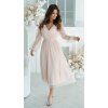 Rochie cununie civila midi, din tul cu glitter, bej, evazata, cu maneca lunga, Petra