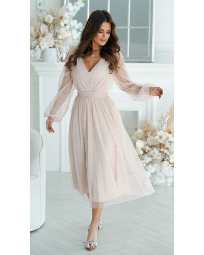 Rochii bej, Rochie cununie civila midi, din tul cu glitter, bej, evazata, cu maneca lunga, Petra - jojofashion.ro