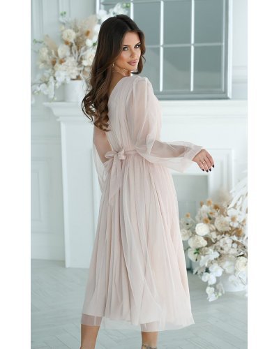 Rochii bej, Rochie cununie civila midi, din tul cu glitter, bej, evazata, cu maneca lunga, Petra - jojofashion.ro