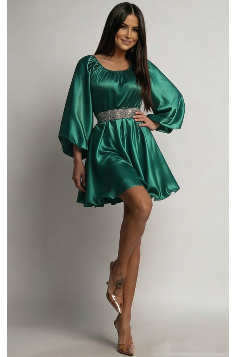 Rochie scurta din satin verde babydoll vaporoasa Merida 1 - jojofashion.ro
