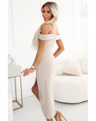 Rochie midi bej cu umerii goi CallieN Rochii midi, Rochie midi bej cu umerii goi CallieN - jojofashion.ro