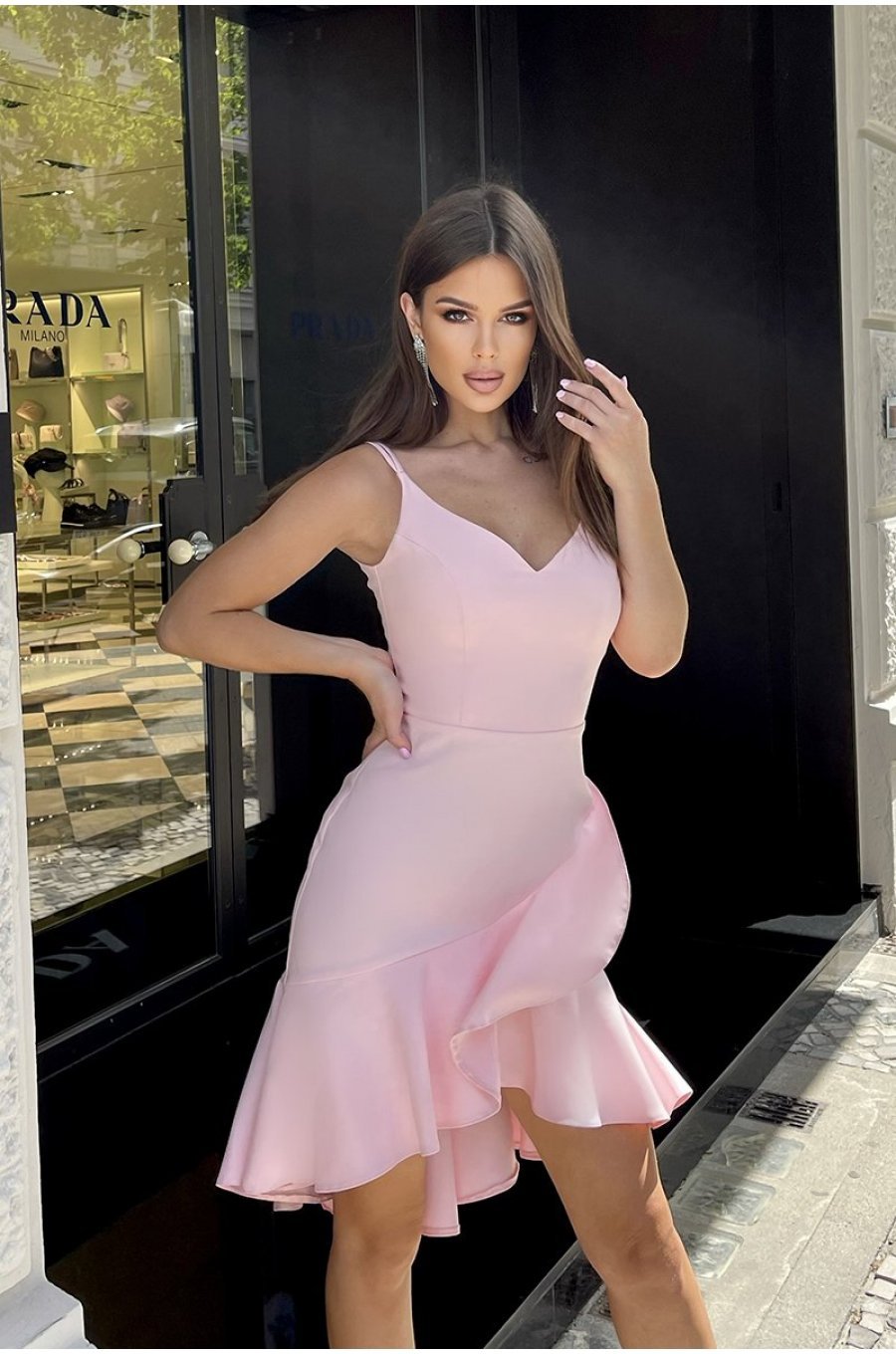 Rochie scurta roz pudra cu volane Mirrella 1 - jojofashion.ro