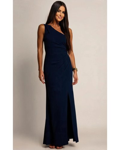 Rochii mulate, Rochie de ocazie lunga bleumarin navy mulata crapata pe picior cu un umar gol CelestiaR - jojofashion.ro