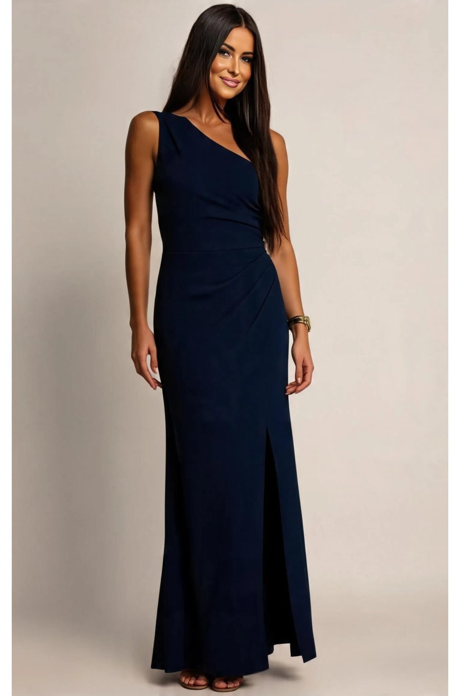 Rochie de ocazie lunga bleumarin navy mulata crapata pe picior cu un umar gol CelestiaR 1 - jojofashion.ro