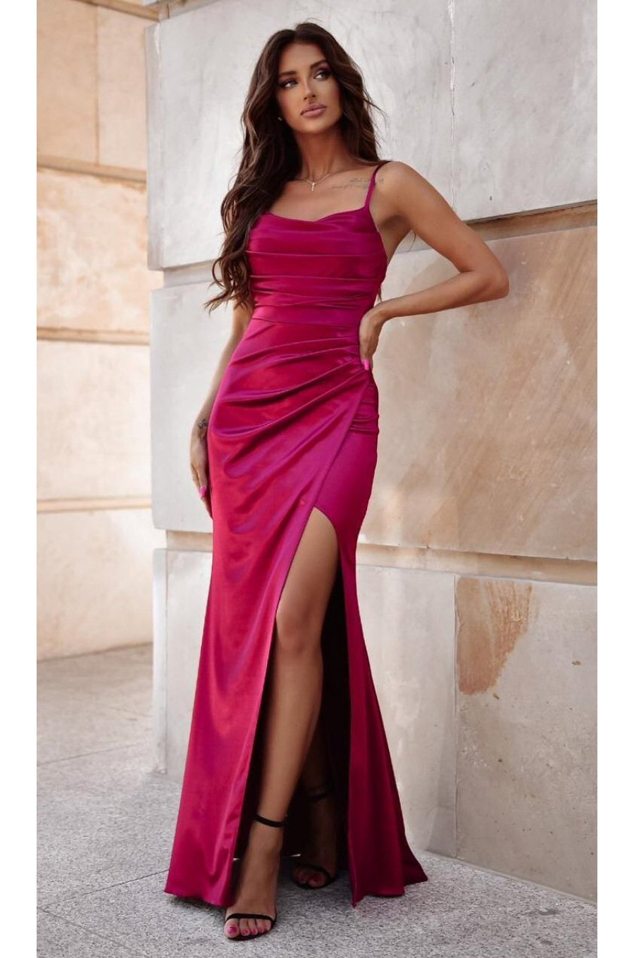 Rochie eleganta lunga, din satin, burgundy, mulata, drapata, Narin 1 - jojofashion.ro