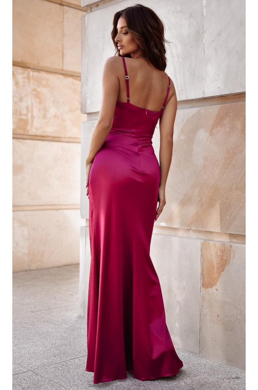 Rochie eleganta lunga, din satin, burgundy, mulata, drapata, Narin 2 - jojofashion.ro