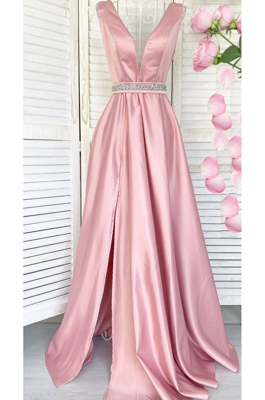 Rochie de ocazie eleganta lunga din tafta roz pal Carra 1 - jojofashion.ro
