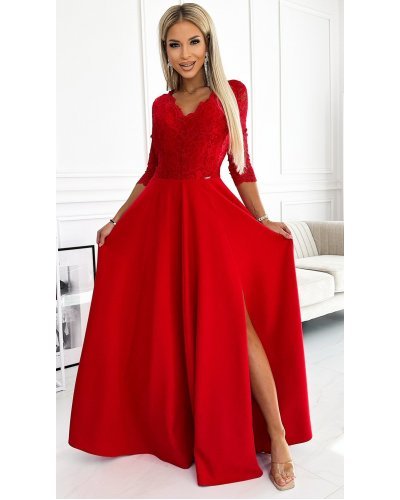 Rochie de seara eleganta rosie cu dantela cu maneca lunga Allegria Rochii lungi, Rochie de seara eleganta rosie cu dantela cu maneca lunga Allegria - jojofashion.ro