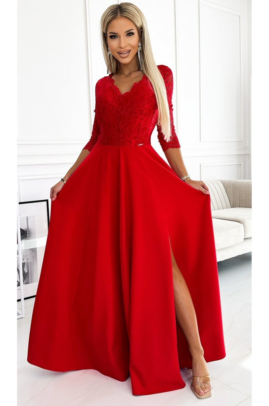 Rochie de seara eleganta rosie cu dantela cu maneca lunga Allegria 1 - jojofashion.ro