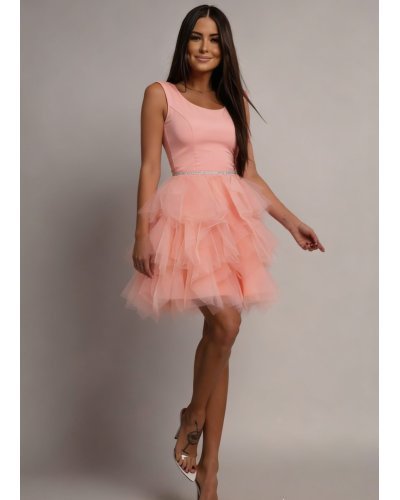 Rochii scurte, Rochie scurta roz pal cu pene din tulle Sandra - jojofashion.ro