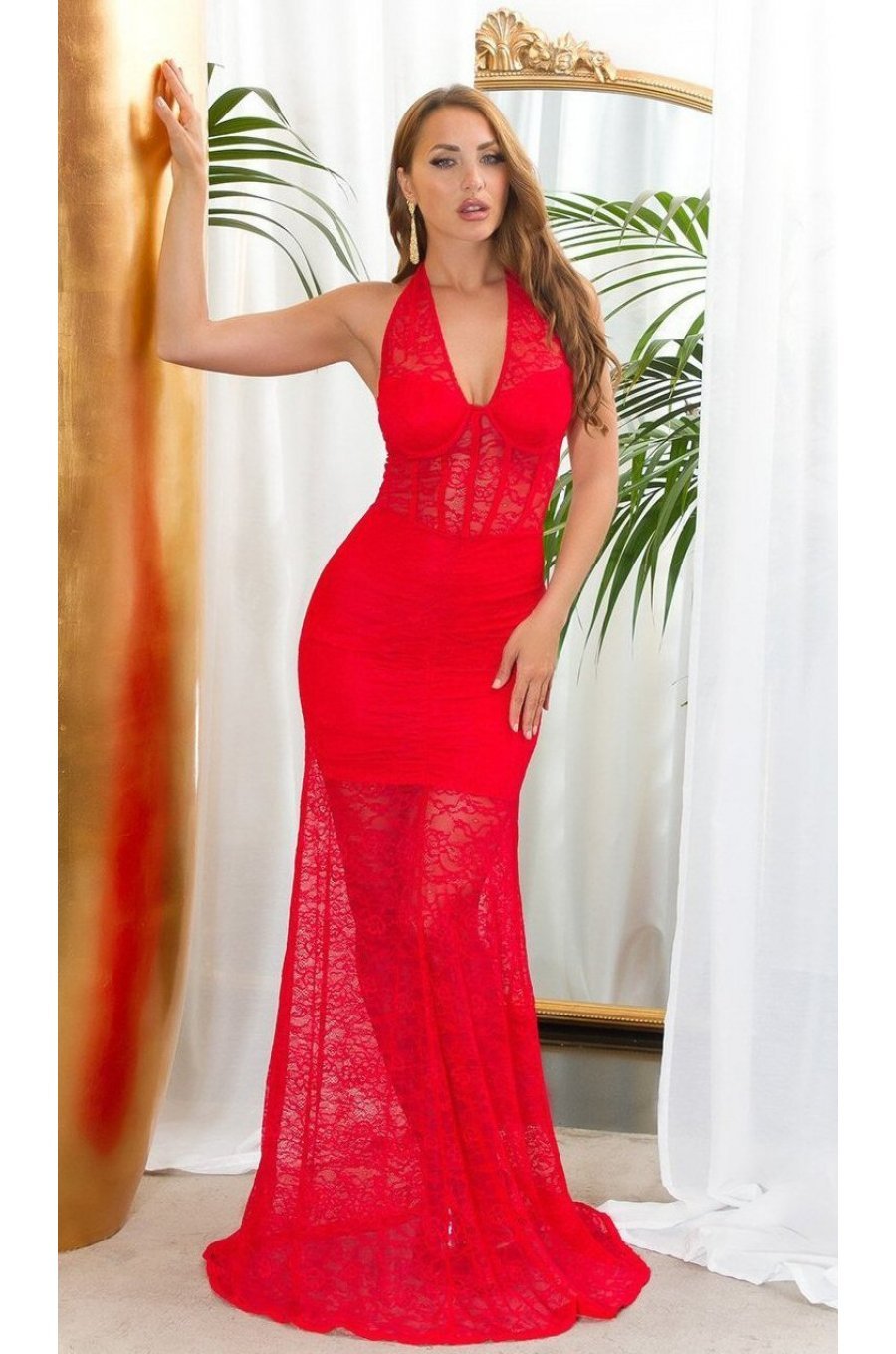 Rochie lunga rosie mulata din dantela cu bust corset Camy 1 - jojofashion.ro