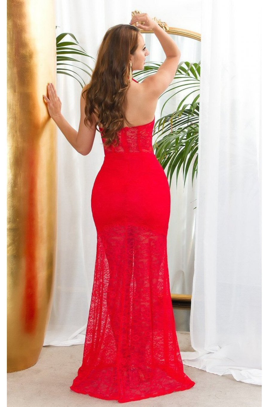 Rochie lunga rosie mulata din dantela cu bust corset Camy 3 - jojofashion.ro