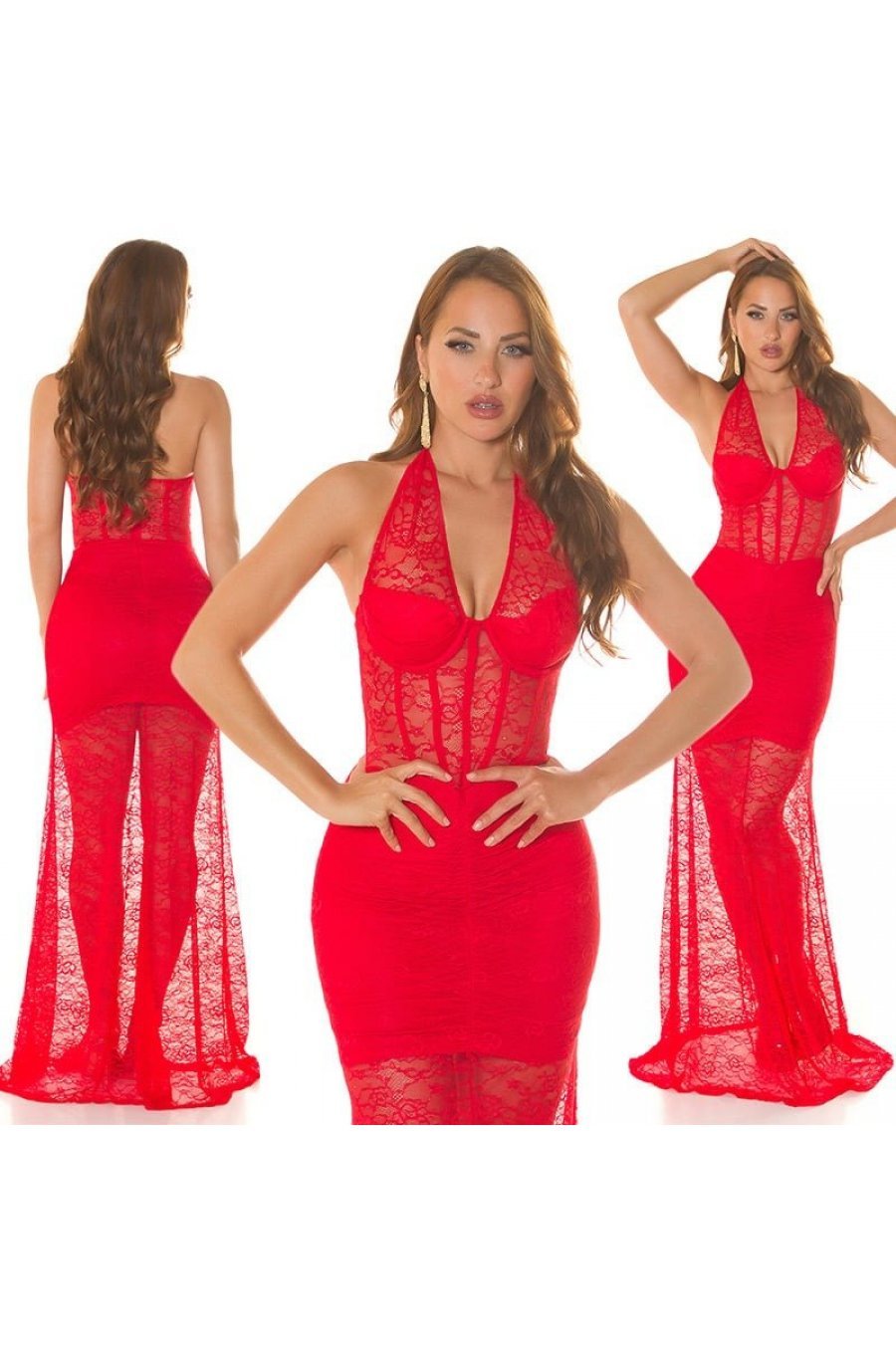 Rochie lunga rosie mulata din dantela cu bust corset Camy 4 - jojofashion.ro