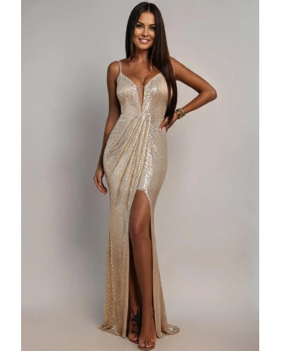 Rochie lunga mulata aurie din paiete Celine  - jojofashion.ro