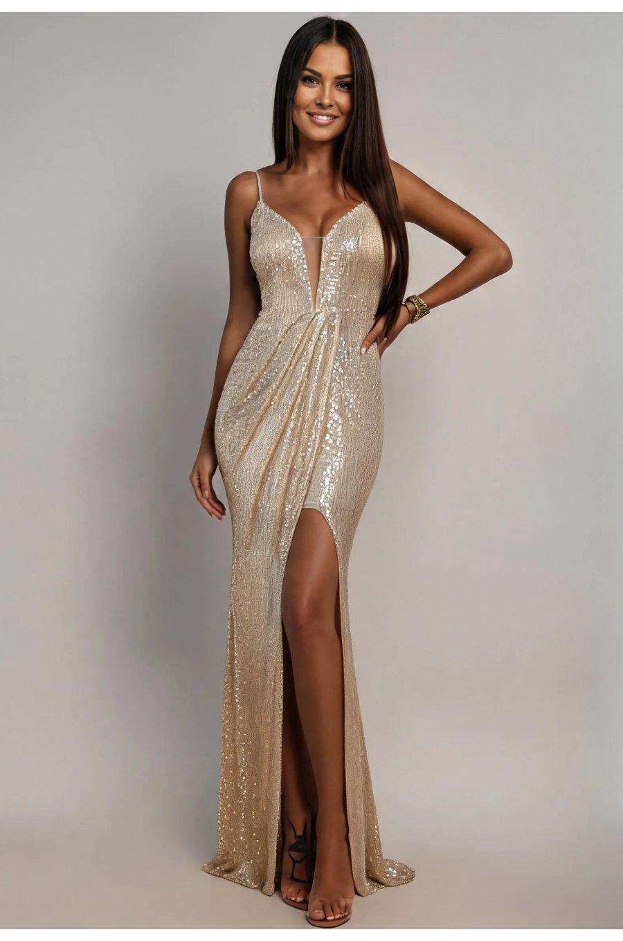 Rochie de seara lunga mulata aurie din paiete Celine  1 - jojofashion.ro