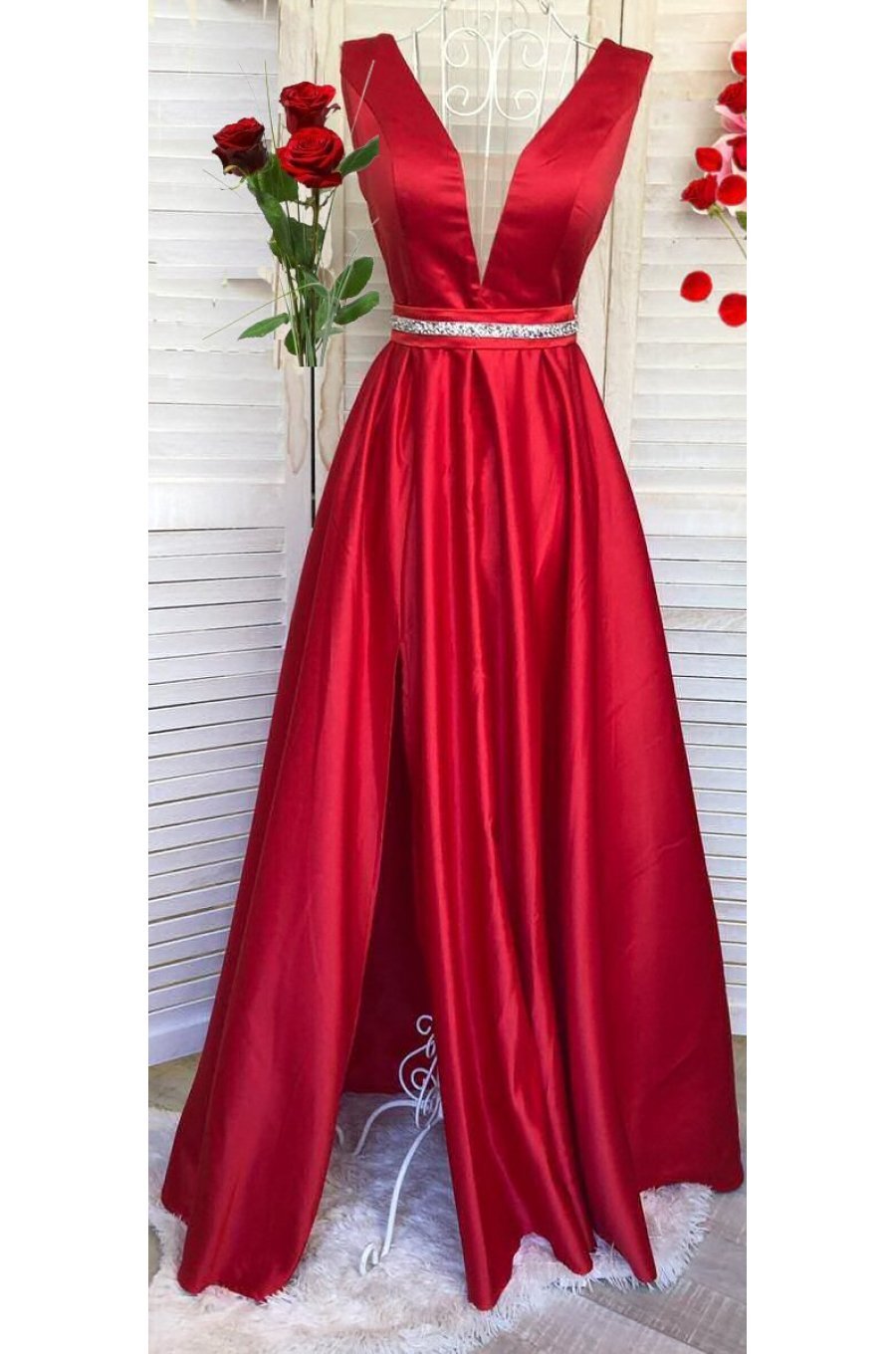 Rochie lunga rosie din tafta Carra 1 - jojofashion.ro