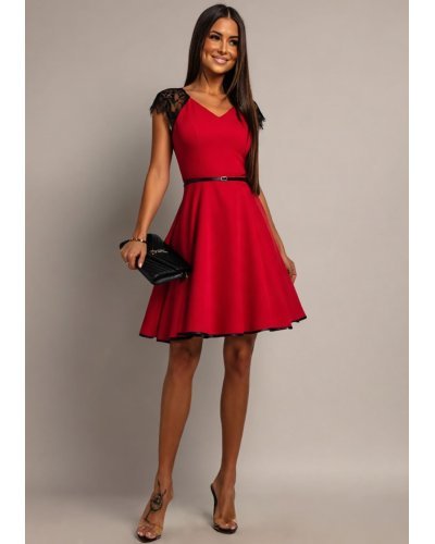 Rochii de zi, Rochie rosie scurta in clos cu maneca scurta din dantela neagra si curea Sadira - jojofashion.ro