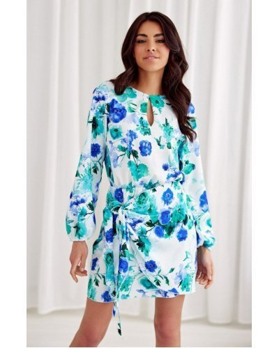 Rochie de zi scurta, ecru cu flori blue menta, cu maneca lunga,  Safye Rochii de zi, Rochie de zi scurta, ecru cu flori blue menta, cu maneca lunga,  Safye - jojofashion.ro