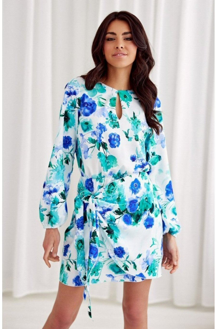 Rochie de zi scurta, ecru cu flori blue menta, cu maneca lunga,  Safye 1 - jojofashion.ro