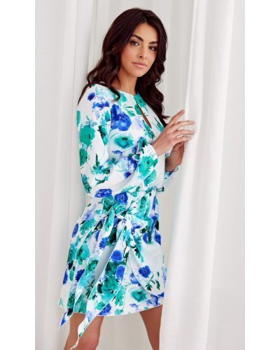Rochie de zi scurta, ecru cu flori blue menta, cu maneca lunga,  Safye Rochii de zi, Rochie de zi scurta, ecru cu flori blue menta, cu maneca lunga,  Safye - jojofashion.ro