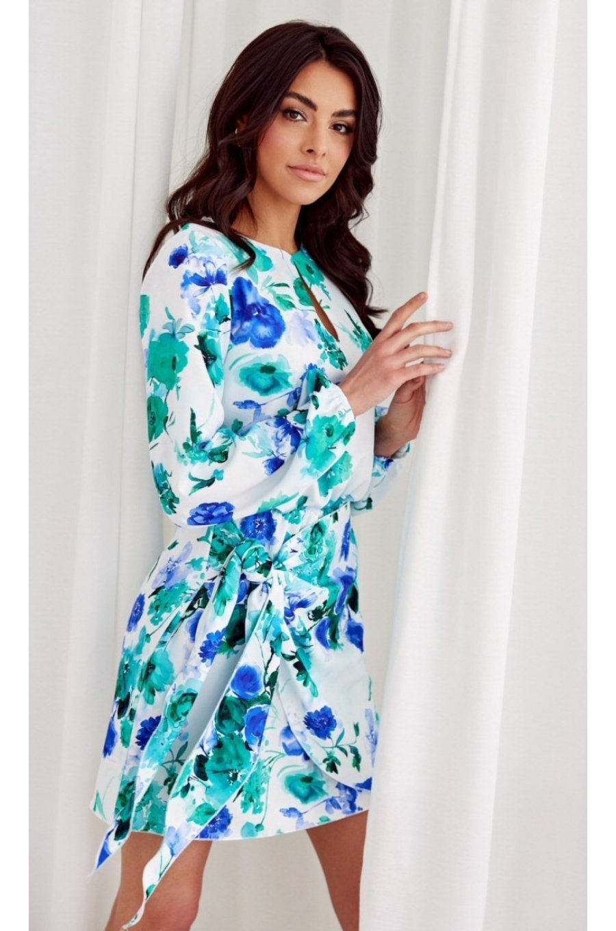 Rochie de zi scurta, ecru cu flori blue menta, cu maneca lunga,  Safye 2 - jojofashion.ro